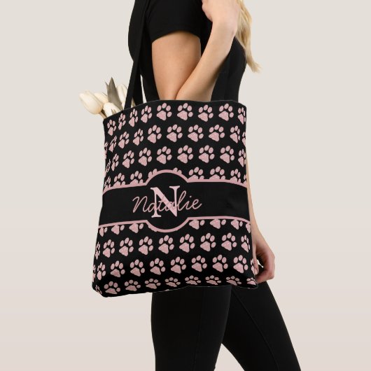Tote Bag Monogramme d'or de l'Rose Empreinte de patte Chat  (De près)