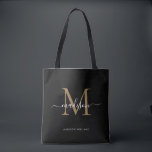 Tote Bag Monogramme d'or noir moderne Nom initial<br><div class="desc">Monogramme d'or noir moderne Élégant Nom du script Sac fourre-tout initial</div>
