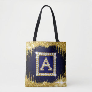 Tote Bag Monogramme doré initial A avec paillettes bleues