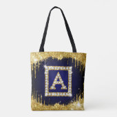 Tote Bag Monogramme doré initial A avec paillettes bleues (Dos)