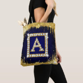 Tote Bag Monogramme doré initial A avec paillettes bleues (De près)