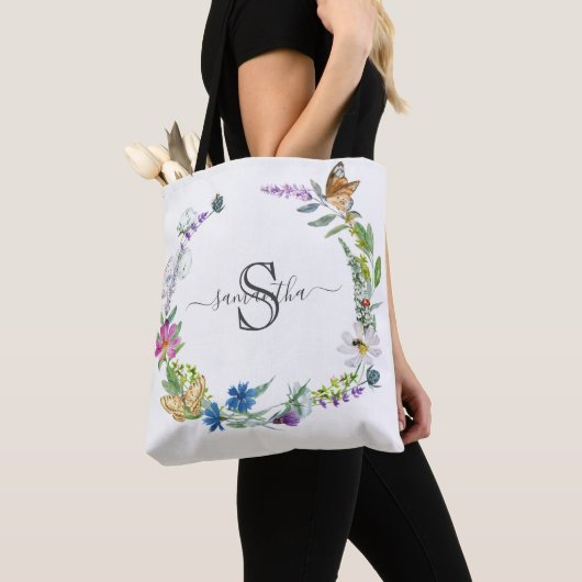 Tote Bag Monogramme Écriture Calligraphie Papillons Fleurs (De près)