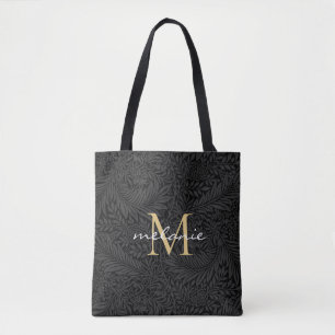 Tote Bag Monogramme élégant à motif floral noir et or