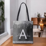 Tote Bag Monogramme élégant à Parties scintillant d'argent<br><div class="desc">Sac de livres de luxe en argent et noir Faux Éperche et Parties scintillant Elégant Monogramme. Ce sac de livre peut être customisé pour inclure votre nom initial et prénom et donné comme cadeau pour Noël,  Sweet 16 Anniversaire,  Fête des mariées ou Mariage.</div>