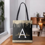 Tote Bag Monogramme élégant à Parties scintillant noire en<br><div class="desc">Sac de livre de luxe en or et noir Faux Éperche et Parties scintillant Elégant Monogramme. Ce sac de livre peut être customisé pour inclure votre nom initial et prénom et donné comme cadeau pour Noël,  Sweet 16 Anniversaire,  Fête des mariées ou Mariage.</div>