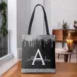 Tote Bag Monogramme élégant à Parties scintillant noire en<br><div class="desc">Sac de livres de luxe en argent et noir Faux Éperche et Parties scintillant Elégant Monogramme. Ce sac de livre peut être customisé pour inclure votre nom initial et prénom et donné comme cadeau pour Noël,  Sweet 16 Anniversaire,  Fête des mariées ou Mariage.</div>