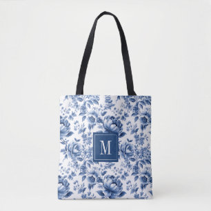 Tote Bag Monogramme Elégant bleu blanc Vintage motif floral