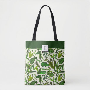 Tote Bag Monogramme Elegant Botanique Vert Feuille Motif