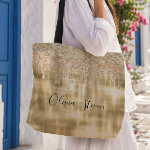 Tote Bag Monogramme élégant doré pailleté dégoulinant