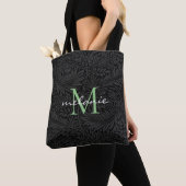 Tote Bag Monogramme élégant floral noir vert Script (De près)