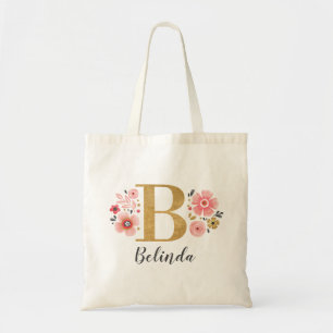 Tote Bag Monogramme élégant Initiale Nom Or Floral 