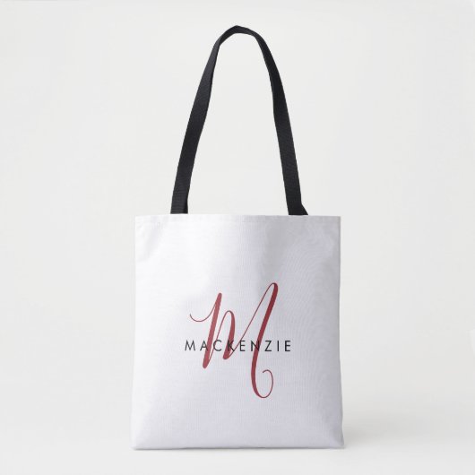 Tote Bag Monogramme élégant moderne blanc rouge script (Devant)