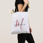 Tote Bag Monogramme élégant moderne blanc rouge script (De près)