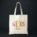 Tote Bag Monogramme Élégant Nom Initial Or Rose<br><div class="desc">Un beau sac fourre-tout floral rose monogrammé féminin avec des fleurs roses et une lettre monogrammée en faux or "D". Personnalisez le sac en ajoutant votre nom sous le monogramme. Fait un beau cadeau pour une amie ou pour une demoiselle d'honneur. Conçu pour vous par Blackberry Boulevard.</div>