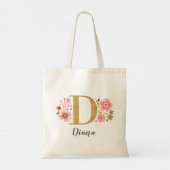 Tote Bag Monogramme élégant or Nom Fleur rose Floral (Dos)