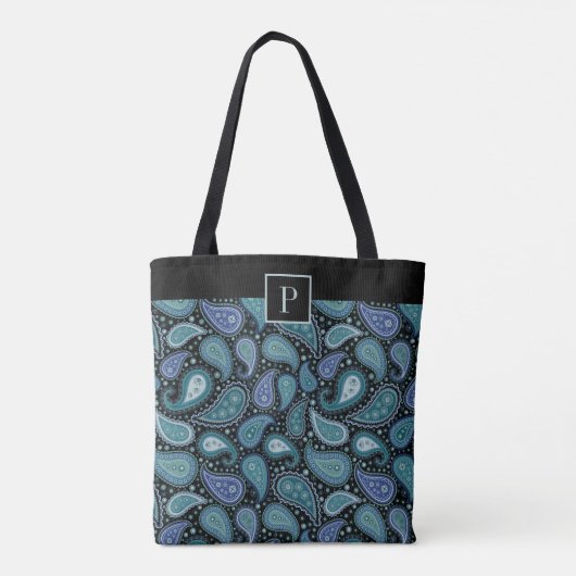 Tote Bag Monogramme Elegant Retro Blue Paisley Motif (Dos)