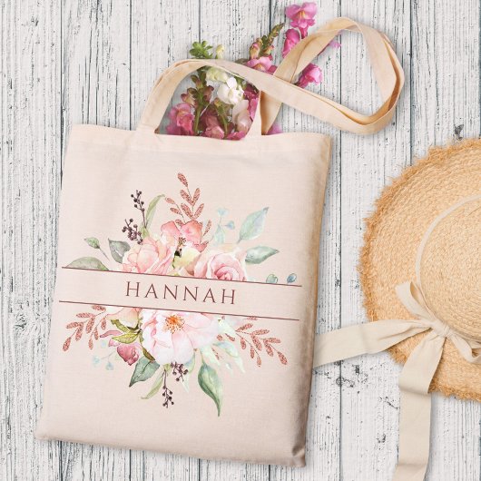 Tote Bag Monogramme Élégant rose Peony Floral