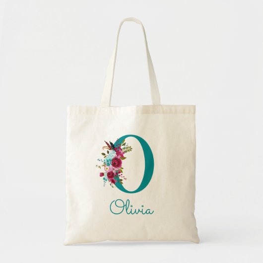 Tote Bag Monogramme en écriture florale O de couleur sarcel (Devant)