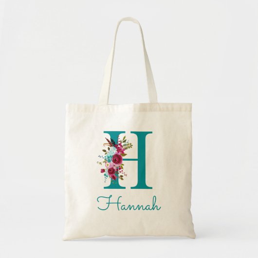Tote Bag Monogramme en écriture H florale sarcelle rose (Devant)