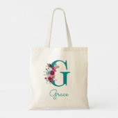 Tote Bag Monogramme en écriture lettre G florale sarcelle r (Dos)