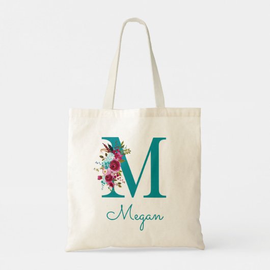 Tote Bag Monogramme en écriture M florale sarcelle rose (Dos)