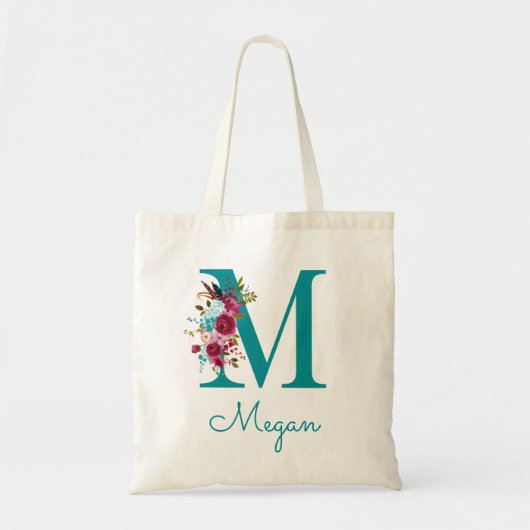 Tote Bag Monogramme en écriture M florale sarcelle rose (Devant)