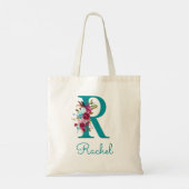 Tote Bag Monogramme en écriture R florale sarcelle rose (Dos)