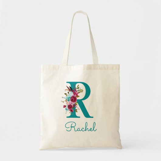 Tote Bag Monogramme en écriture R florale sarcelle rose (Devant)