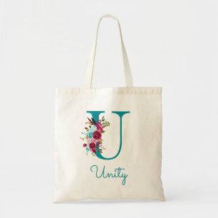 Tote Bag Monogramme en écriture U florale sarcelle rose
