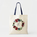 Tote Bag Monogramme en fleur radieuse<br><div class="desc">Conçus pour correspondre à notre collection Radiant Bloom,  ces totes personnalisées font de beaux cadeaux pour vos servantes d'accueil. Personnalisez avec un seul monogramme initial en écriture manuscrite élégante,  entouré d'une couronne de fleurs d'aquarelle dans des tons riches de marine et bordeaux.</div>