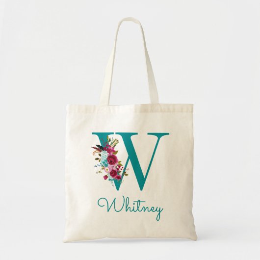 Tote Bag Monogramme en forme de lettre W en écriture floral (Devant)