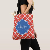 Tote Bag Monogramme et nom bleu Quatrefoil rouge tendance (De près)