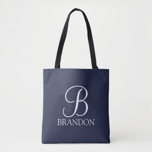 Tote Bag Monogramme et nom de script personnalisé bleu mari (Devant)