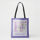 Tote Bag Monogramme et nom Harriet avec fleurs (Devant)
