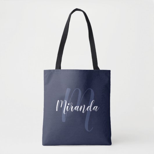Tote Bag Monogramme et nom personnalisé moderne Navy Blue (Devant)