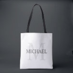 Tote Bag Monogramme et nom personnalisés classiques<br><div class="desc">Monogramme personnalisé et cadeau de nom caractéristiques personnalisées nom en gris et monogramme en gris clair comme arrière - plan, dans le style de police serif classique, sur arrière - plan blanc. Parfait comme cadeau de vacances, faveurs de réunion familiale, merci cadeau pour les groomsmen et cadeau pour toutes les...</div>