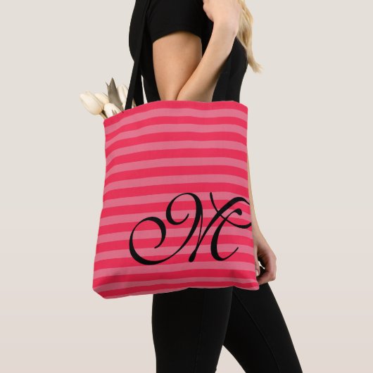 Tote Bag Monogramme et rayures Clair et rose chaud (De près)