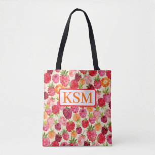 Tote Bag Monogramme Été Framboise Aquarelle Coquette