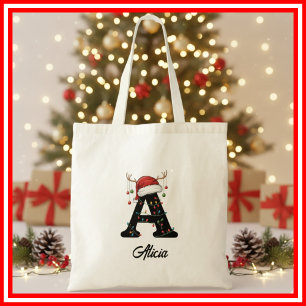 Tote Bag Monogramme Famille Antlers de Noël Santa Hat
