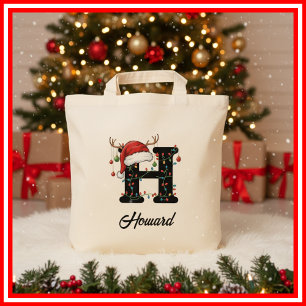 Tote Bag Monogramme Famille Antlers de Noël Santa Hat