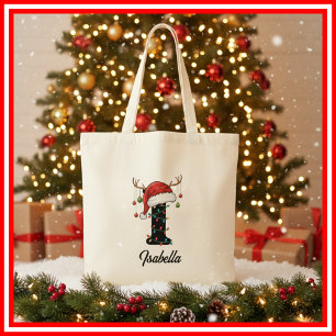 Tote Bag Monogramme Famille Antlers de Noël Santa Hat