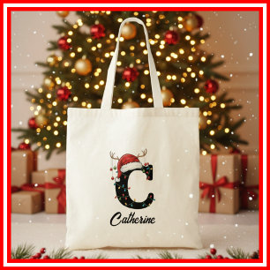 Tote Bag Monogramme Famille Antlers de Noël Santa Hat