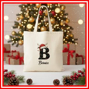 Tote Bag Monogramme Famille Antlers de Noël Santa Hat