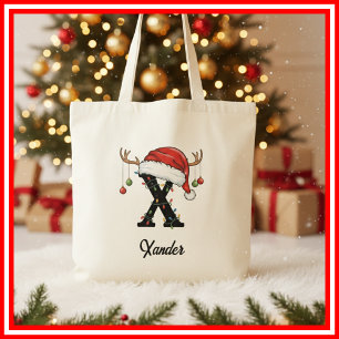 Tote Bag Monogramme Famille Antlers de Noël Santa Hat Fourr