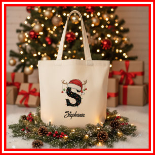 Tote Bag Monogramme Famille Antlers de Noël Santa Hat Fourr