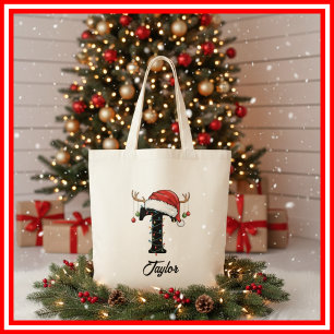 Tote Bag Monogramme Famille Antlers de Noël Santa Hat Fourr