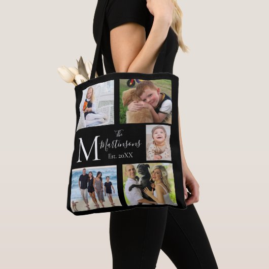 Tote Bag Monogramme Famille Cinq Photo Collage (De près)