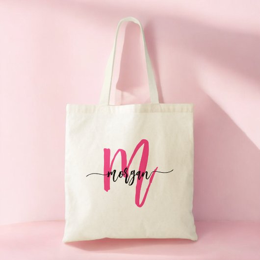 Tote Bag Monogramme Féminin Moderne en Écriture Rose Chaud