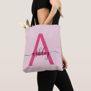 Tote Bag Monogramme Féminin Moderne en Écriture Rose Chaud