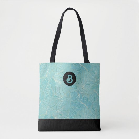 Tote Bag Monogramme Feuille de Palm bleu clair et or (Devant)